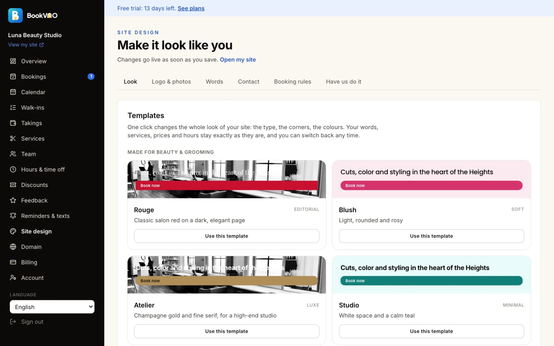 Choosing a style and brand colour in the BookVAO dashboard